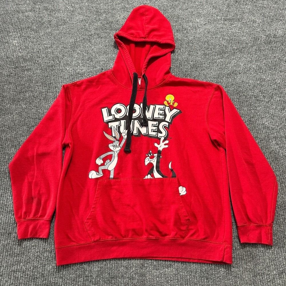 Looney Tunes Boys Hoodie Size XL 15-17 Red Pullover Sweatshirt Bugs Bunny Tweety